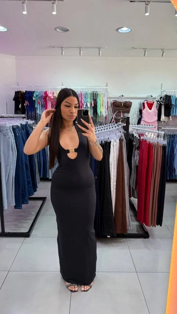 Vestido Luxxo Em Poliamida Com Decote E Joia Em Dourado E Costas Abertas Preto