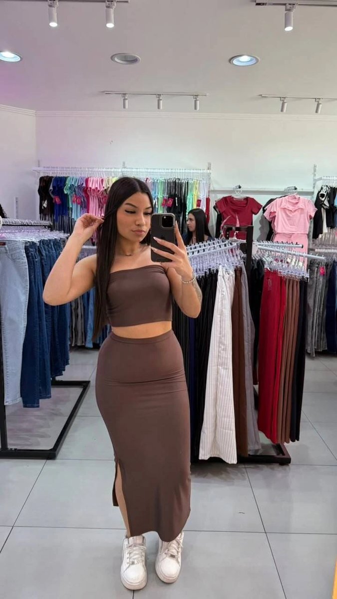 Conjunto Saia Longa Com Top Faixa De Suplex Marrom