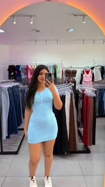 Vestido Luxxo De Poliamida Com Botões Dourados Azul Claro
