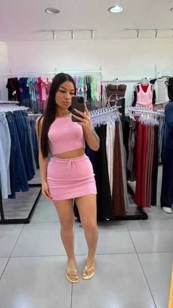 Conjunto Luxxo Croped Com Ajuste No Pescoço E Na Cintura Rosa