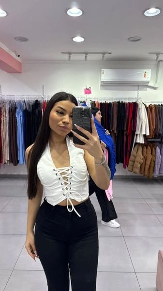 Corset de Courino Decote em V Trançado na Frente Branco