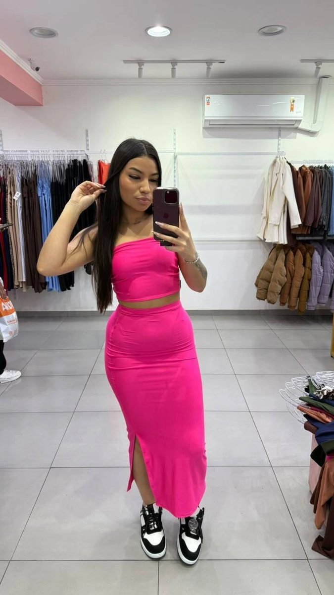 Conjunto Saia Longa Com Top Faixa De Suplex Rosa Pink