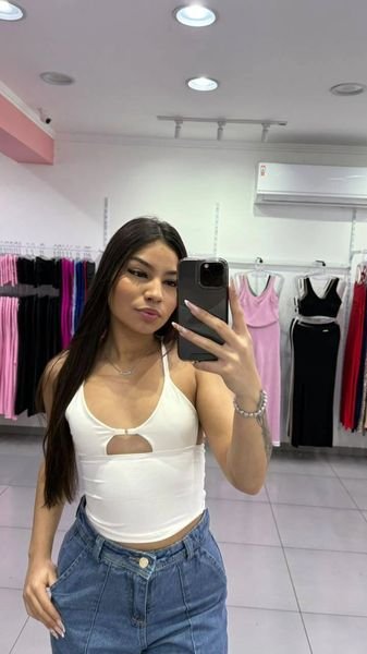 Cropped Poliamida Alça Fina Detalhe Argolinha No Peito Off White
