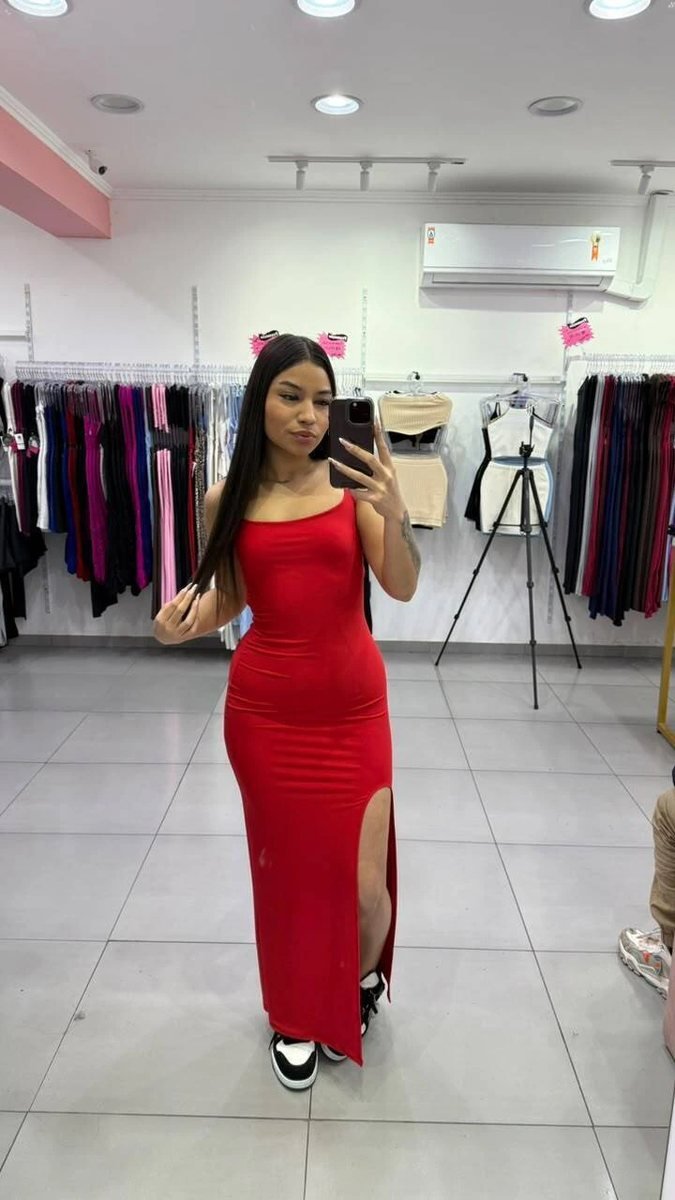 Vestido Longo Suplex Trançado Nas Costas, Levanta Bumbum e Com Fenda Vermelho