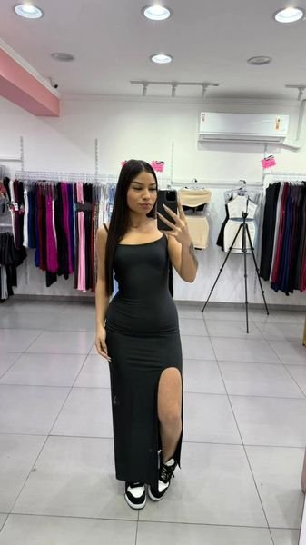 Vestido Longo Suplex Trançado Nas Costas, Levanta Bumbum e Com Fenda Preto