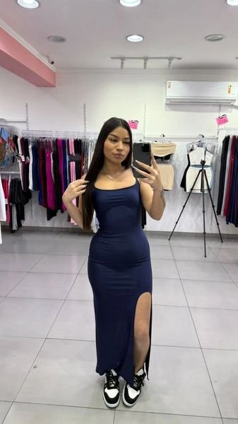 Vestido Longo Suplex Trançado Nas Costas, Levanta Bumbum e Com Fenda Azul Marinho