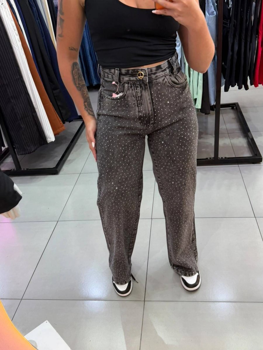 Calça Wide Leg Grafite Com Brilhos