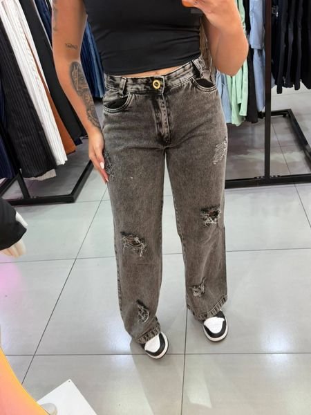 Calça Wide Leg Grafite Com Rasgos
