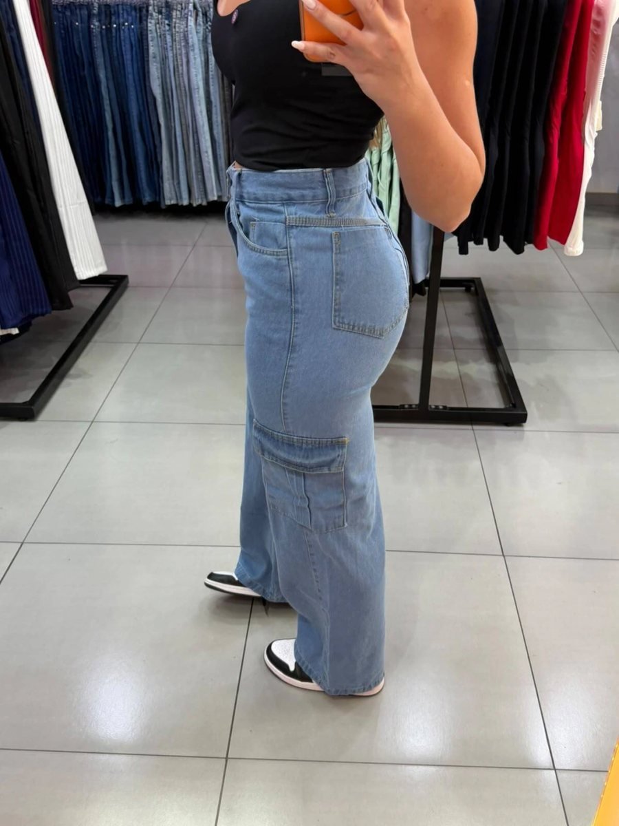 Calça wide Cargo Com Bolço Na Lateral Jeans Azul Claro, foto 2