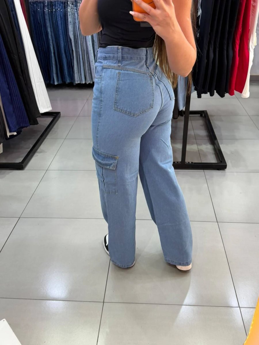 Calça wide Cargo Com Bolço Na Lateral Jeans Azul Claro, foto 3