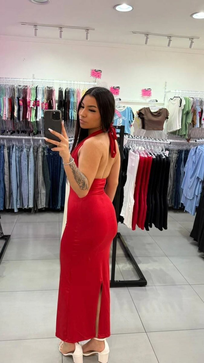 Vestido Suplex Com Decote no Peito e Amarração no Pescoço Vermelho, foto 2