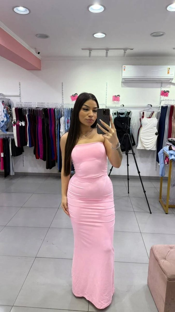 Conjunto Poliamida Top Tube e Saia Longa Com Drapeado ao Lado Rosa