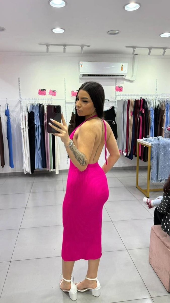 Vestido Modal Com Decote No Peito e Amarração No Pescoço Rosa, foto 2