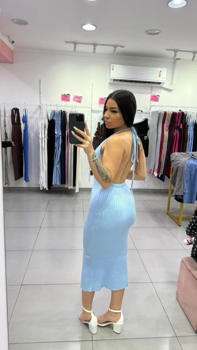 Vestido Modal Com Decote No Peito e Amarração No Pescoço Azul, foto 2